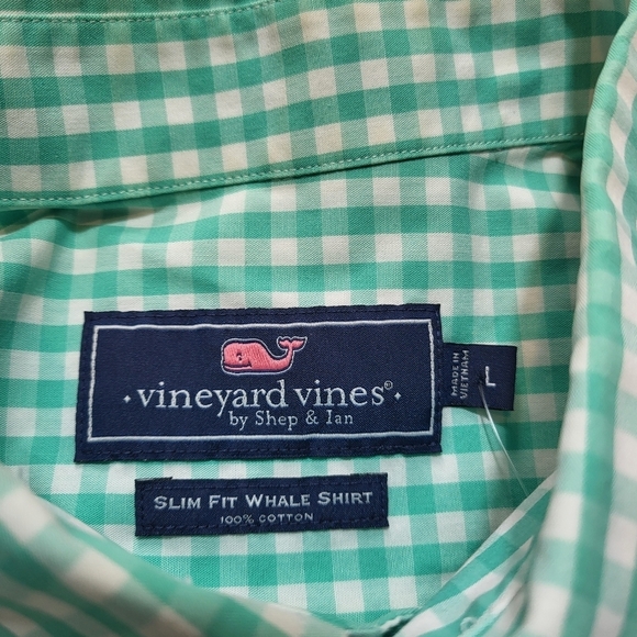 Vineyard Vines Mens Shirt Slim Fit Whale Mint Green White Plaid Long Sleeve Sz L - Picture 5 of 5